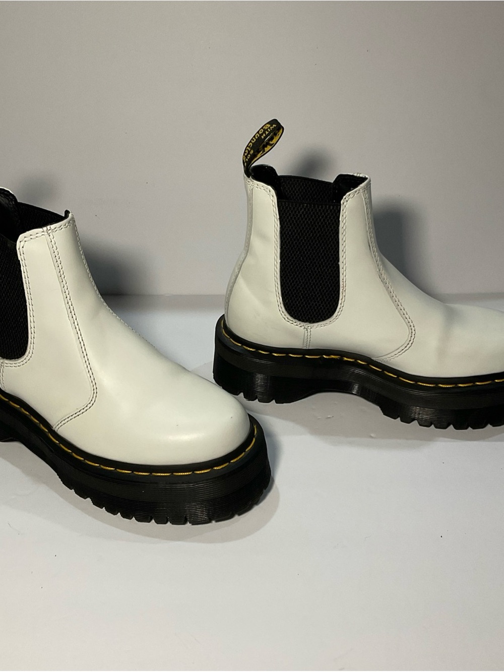 Dr. Martens White Leather Chelsea Lug Boots with Yellow Stitching